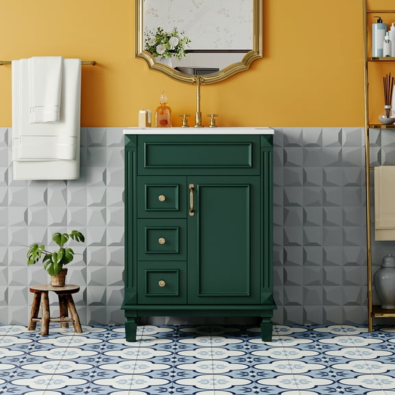 Euroco 24" Bathroom Vanity with Ceramic Sink, Small Bathroom Sink Cabinet, Modern Cabinet with 2 Drawers and Adjustable Shelf