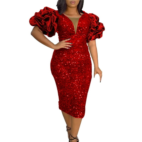 fartey Women Plus Size Sparkly Sequins Dress Sexy Deep V Neck Bodycon Dresses Slim Fit Ruffle Sleeve Maxi Sundress Elegant Trendy Glitter Evening Party Club Dresses, S-4XL