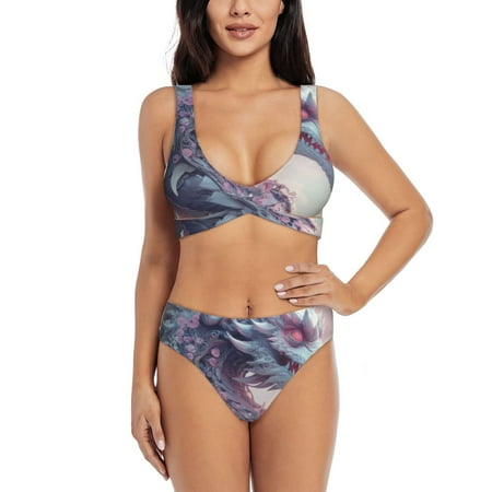 Zeuib Dragon1 High Waisted Tummy Control Bikini Set - Knot Front Push Up Top & Cheeky Thong Bottom  Two-Piece Swimsuit for Women-Medium