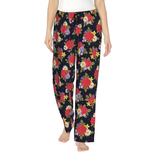 Fotbe Red Rose Flower Pantalones de Pijama para Mujer, Pantalones de Dormir, Pantalones Pj con Cordón y Bolsillos-X-Large