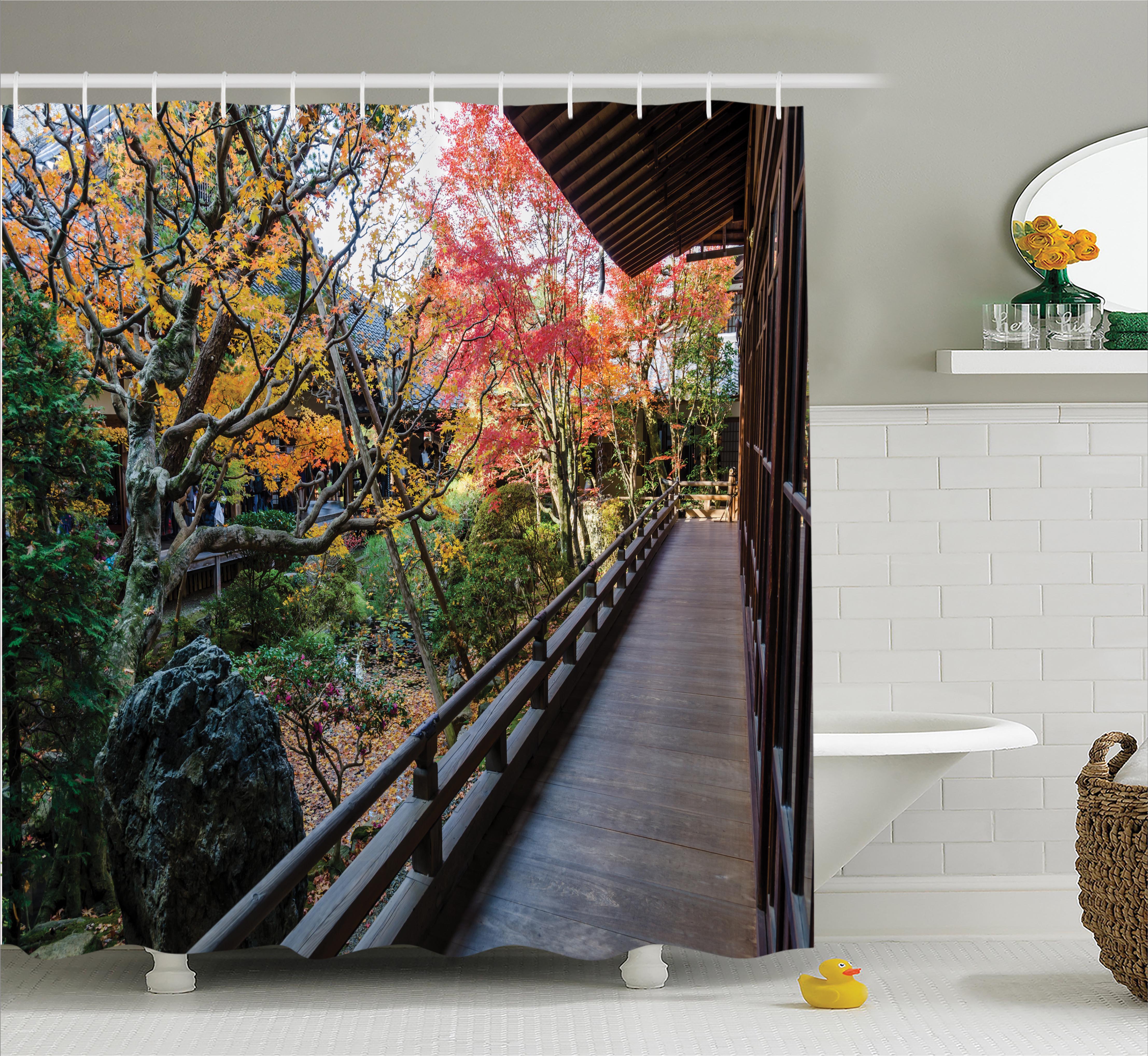 Japanese Shower Curtain, Forest Landscape from a Wooden Balcony in the