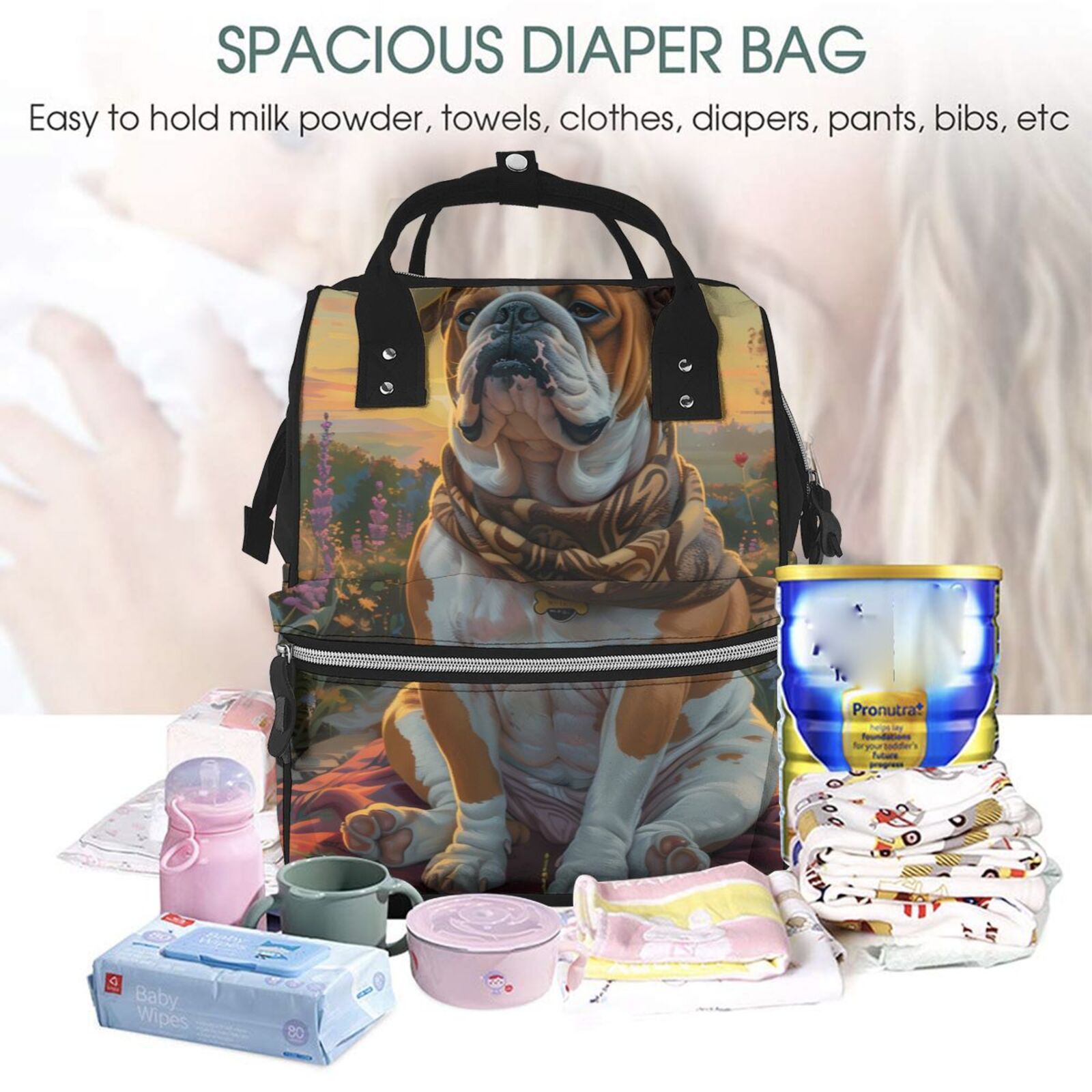 Kdxio Baby Diaper Backpack,Multi-Function Travel Backpack Nappy Bags,Nursing Bag, Fashion Mummy,Roomy Waterproof for Baby Care(Flower Field Cute Bulldog)