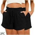 thumbnail image 2 of CheerKidz Fashion Short Pants for Women Solid Color Bandage Elastic Waist High Waisted Casual Summer Pull On Loose Fit Beach Vacation Shorts with Pockets(Black,M), 2 of 8