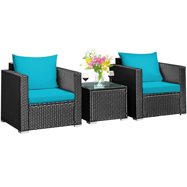 Patiojoy Ensemble de Conversation en Rotin pour Patio 3 Pcs avec 2 Sofas Coussinés et Table à Café pour l'Extérieur Turquoise