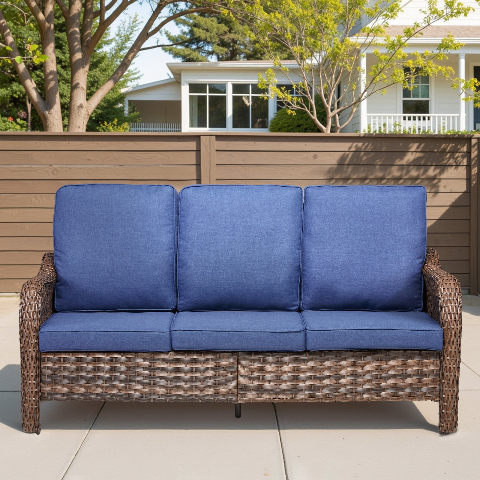 Hommoo 70.9" PE Wicker Rattan Outdoor Patio Furniture Sofa Couch, 3 Seat Patio Sofa with Cushions, Blue