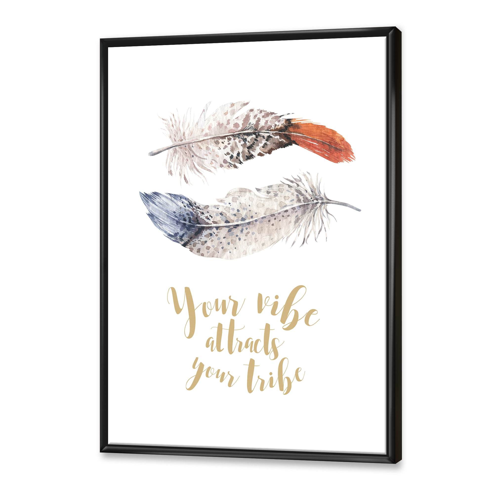 Designart 'Your VIbe Attracts Your Tribe Two Feathers ' Bohemian & Eclectic Framed Canvas Wall Art Print