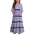 thumbnail image 2 of Girls Summer Maxi Dress Kids Striped Short Sleeve T-Shirt Dress for School Casual Dress with Pockets Purple 7-8 Years, 2 of 7