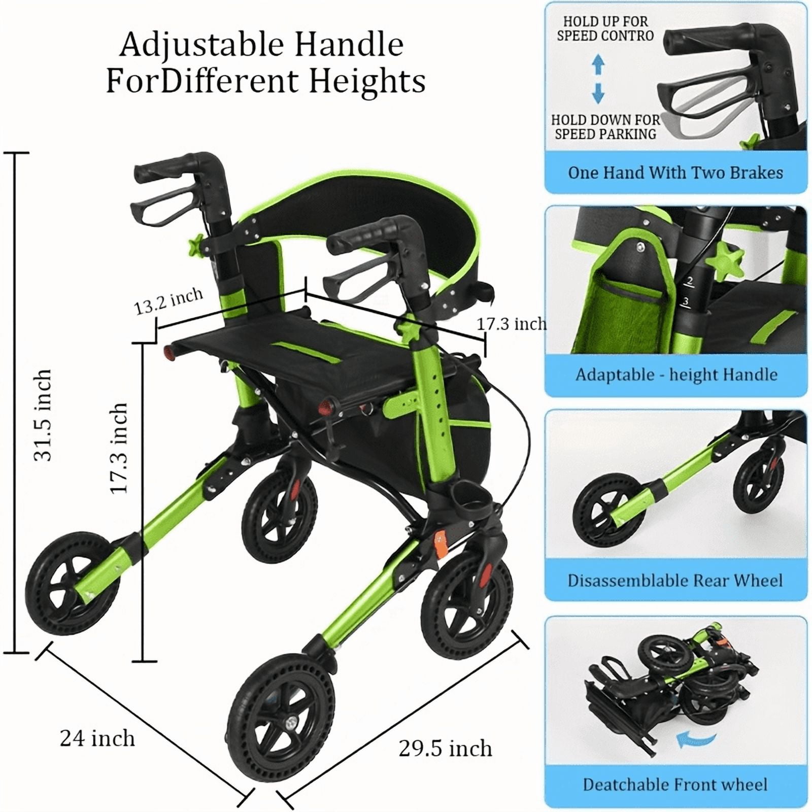 Aukfa Foldable Rollator Walkers with Seat,8" Big Wheels All Terrain Rolling Walker for Seniors,Green