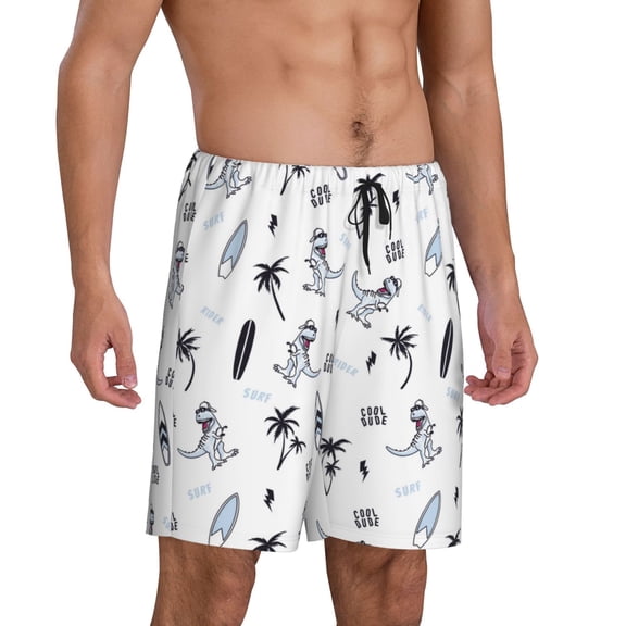 Mens Pajama Pants - Surfer Dinosaur Pattern Sleep Shorts Mens Pajama Shorts, Comfy Pj Pants for Mens Lounge Shorts