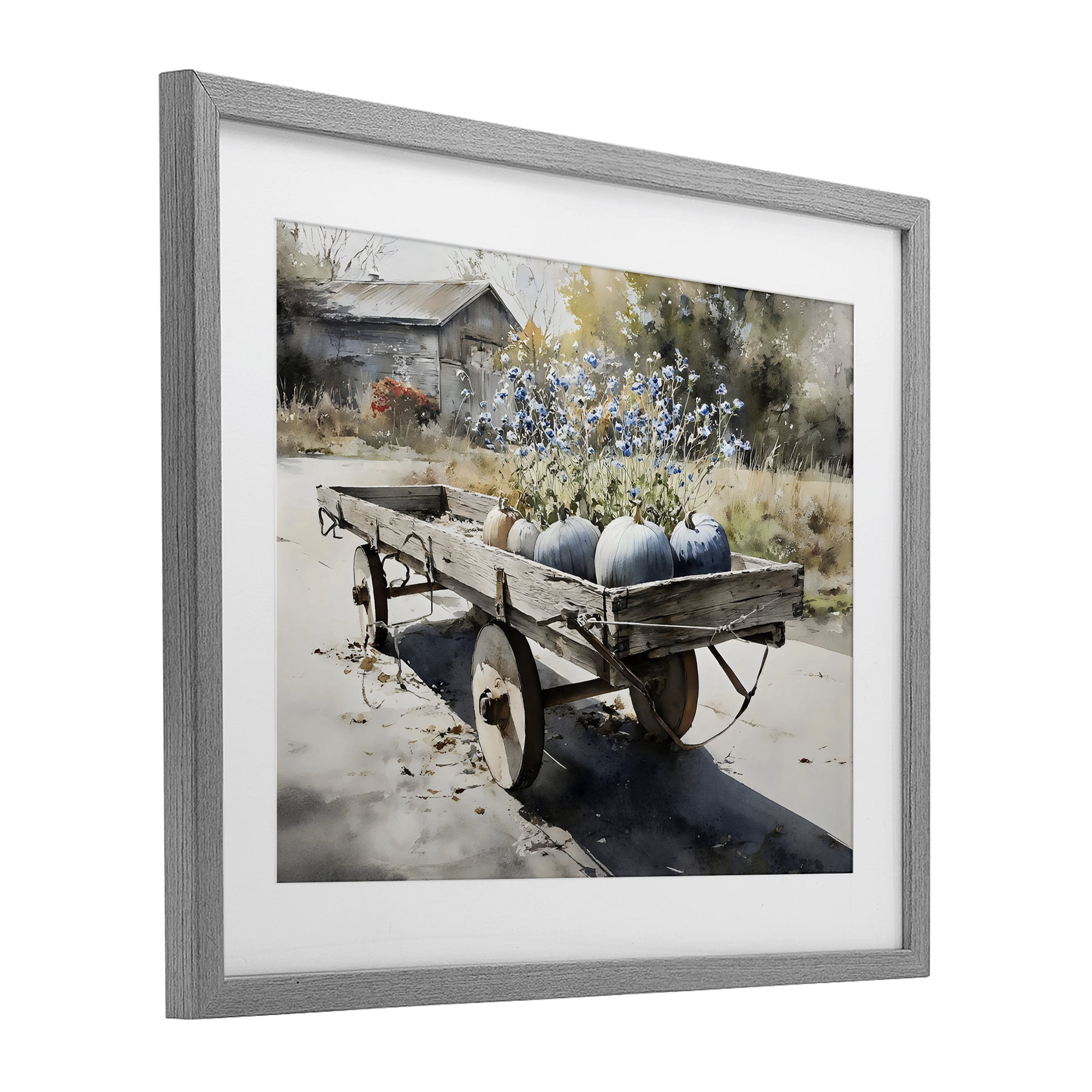 Stupell Industries Blue Pumpkin Wagon in Sunlight Gray Framed Print Under Glass, design by Franklyn Gregory