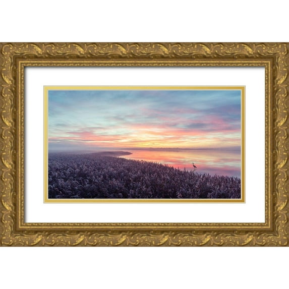 Londal, Leif 24x15 Gold Ornate Wood Framed with Double Matting Museum Art Print Titled - The Herons Morning View