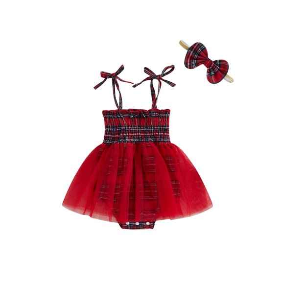 Baby Toddler Girl Romper Dresses 0 3 6 12 18 Months Casual Plaid Print Summer Sleeveless Jumpsuit with Mesh Skirt and Headband Set