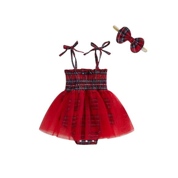Gupgi Baby Girl Romper Dress Casual Red Plaid Print Bodysuits 3 6 12 18 Months Sleeveless Jumpsuit and Headband