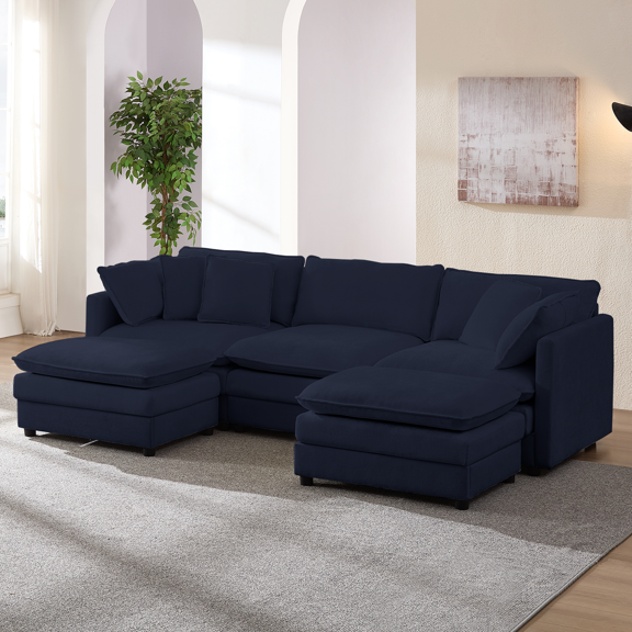 Puremind Modular Sectional Sofa with Movable Ottomans, Chenille U Shaped Deep Seat Cloud Couch, Deep Seat Sectional Couches for Living Room/Apartment, Blue