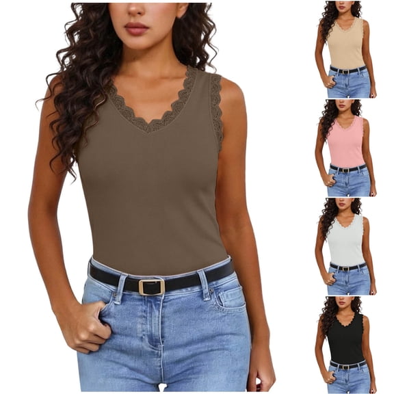 Asxite Tank Tops for Women Plus Size Sleeveless Solid Color Ribbed V Neck Lace Detail Casual Blouse