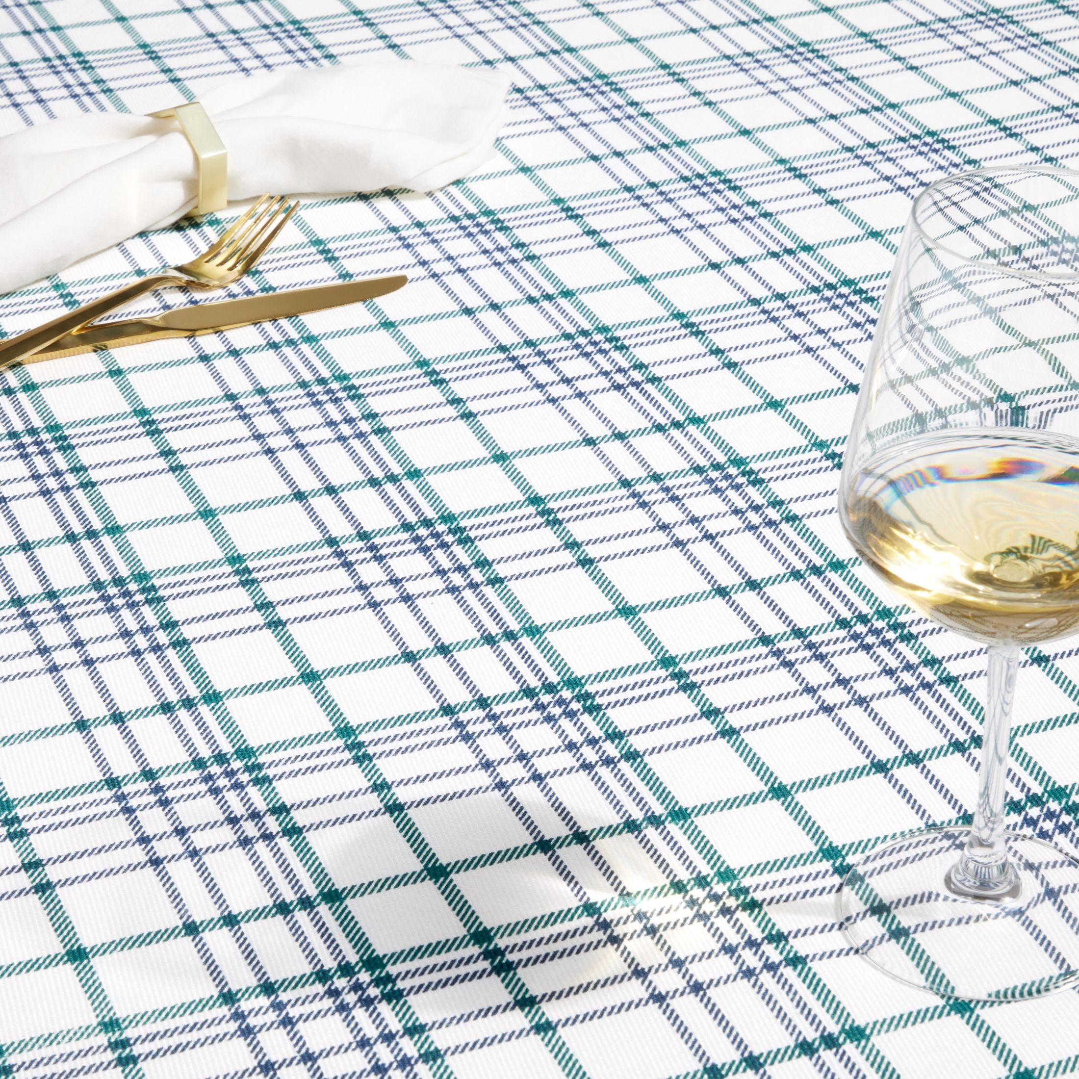 MAINSTAYS BEIGE/GREEN/BACK PLAED DRILL WEAVE FABRIC TABLECLOTHS 70R