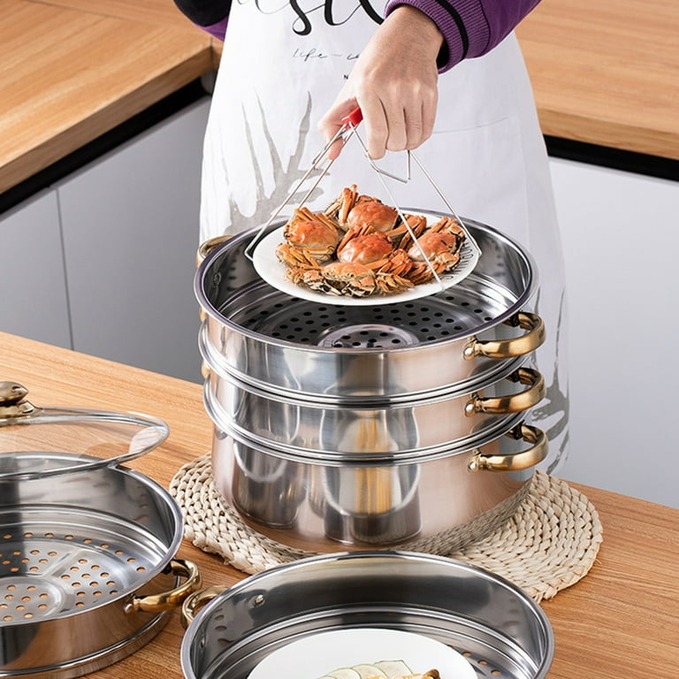 3 Tier Steamer Cooker Steam Pot Food Cooking Hot Pot Stainless Steel+Glass  Lid