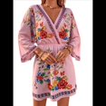 thumbnail image 3 of Vestido Mini Informal con Cuello en V, Estampado Floral, Mangas Acampanadas y Cintura Elástica para Mujer. Rosa M, 3 of 10