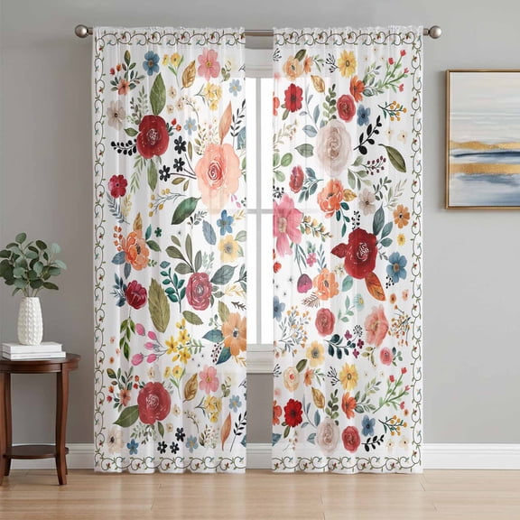 Sheer Curtains 63 Inch Length 2 Panels Set for Bedroom, Watercolor Flowers Semi Sheer Curtains for Windows, Farmhouse Spring Floral Botanical Voile Window Treatments Rod Pocket Curtain