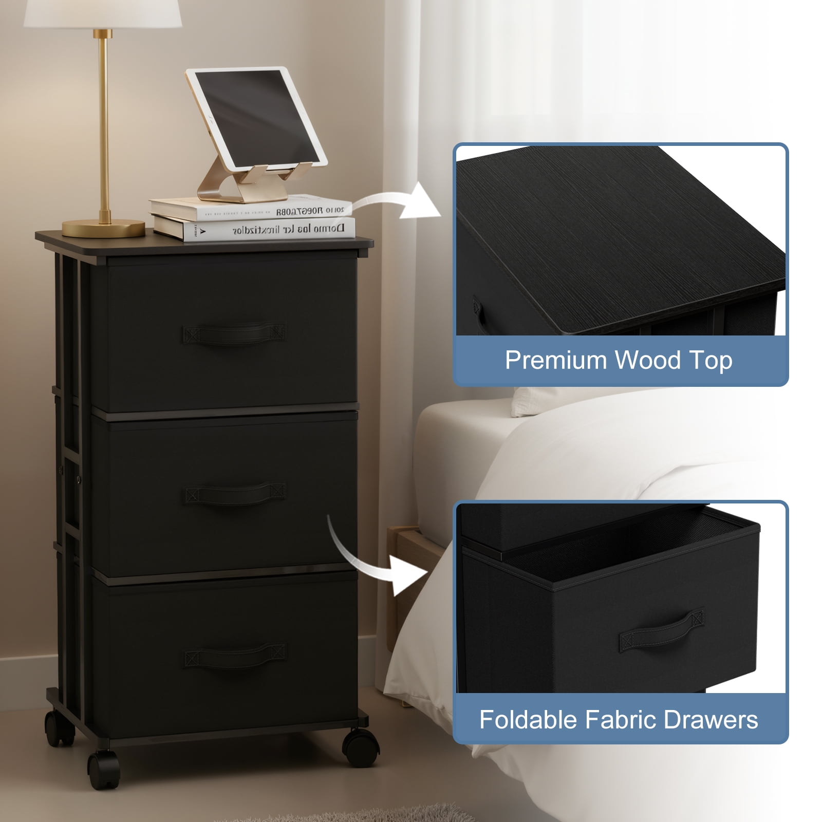 edx Rolling Nightstand with Wheels, 3 Drawer Fabric Storage for Bedroom, Entryway, Closets, Office, Black