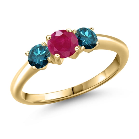 Gem Stone King 10K Yellow Gold Red Ruby and Blue Diamond Engagement Ring for Women | 1.09 Cttw | Round 5MM | Gemstone July Birthstone | Size 9
