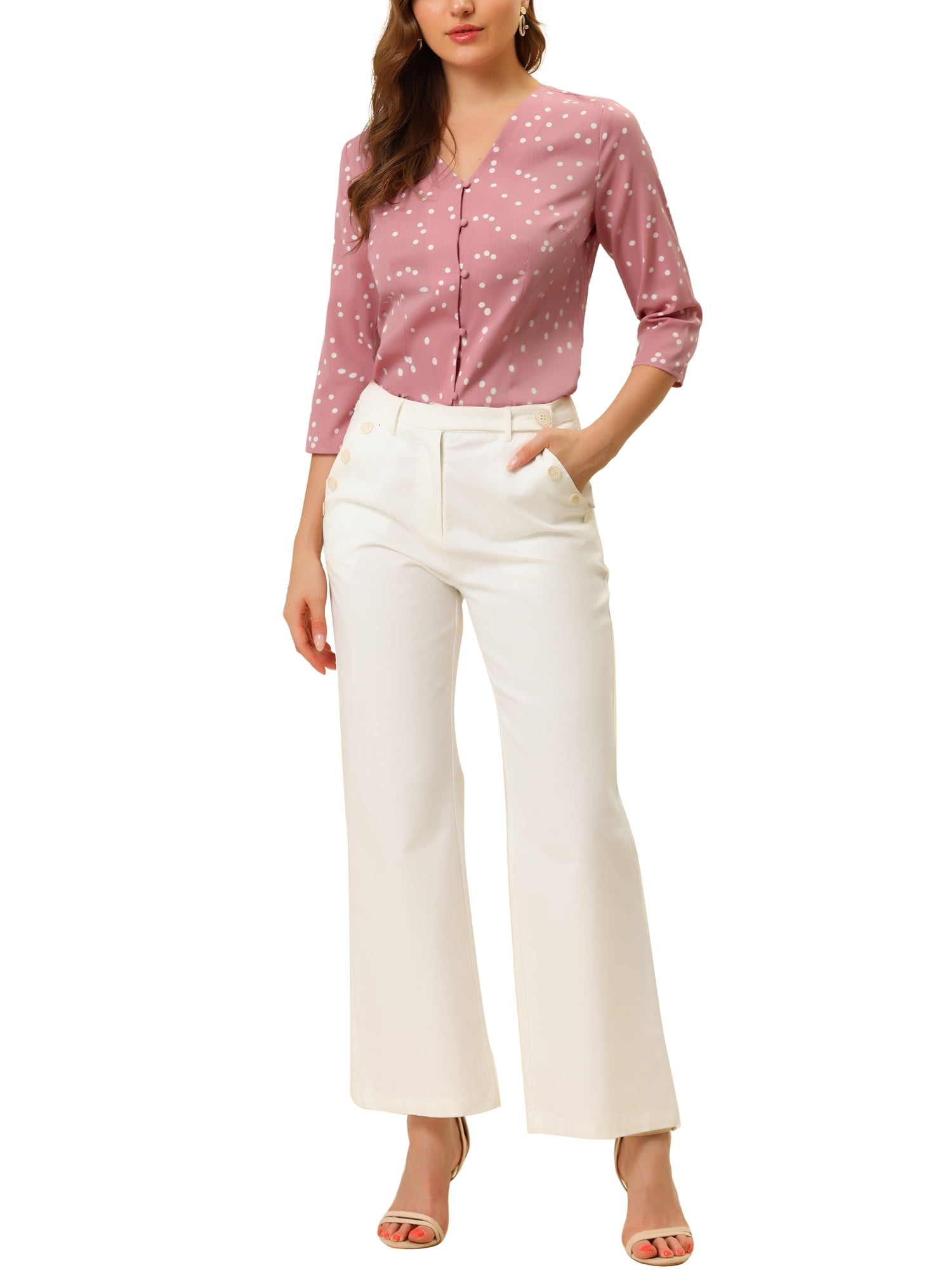 DARING DIVA Women's V Neck Polka Dots 3/4 Sleeve Casual Button Blouse L Pink