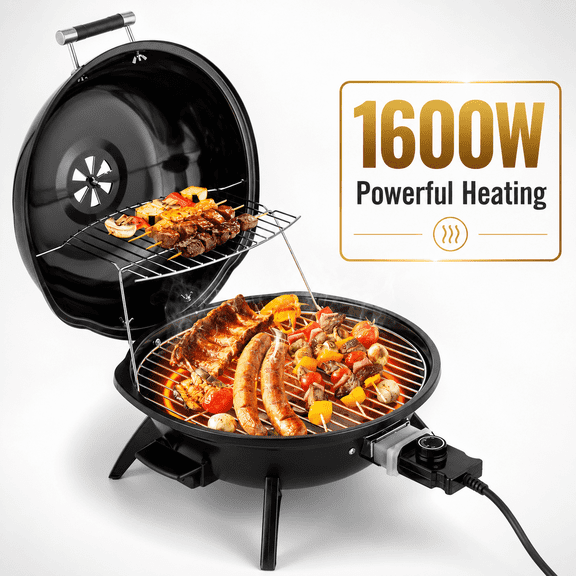 TOPNEST 1600W Portable Electric Grill with Adjustable Temperature, Black
