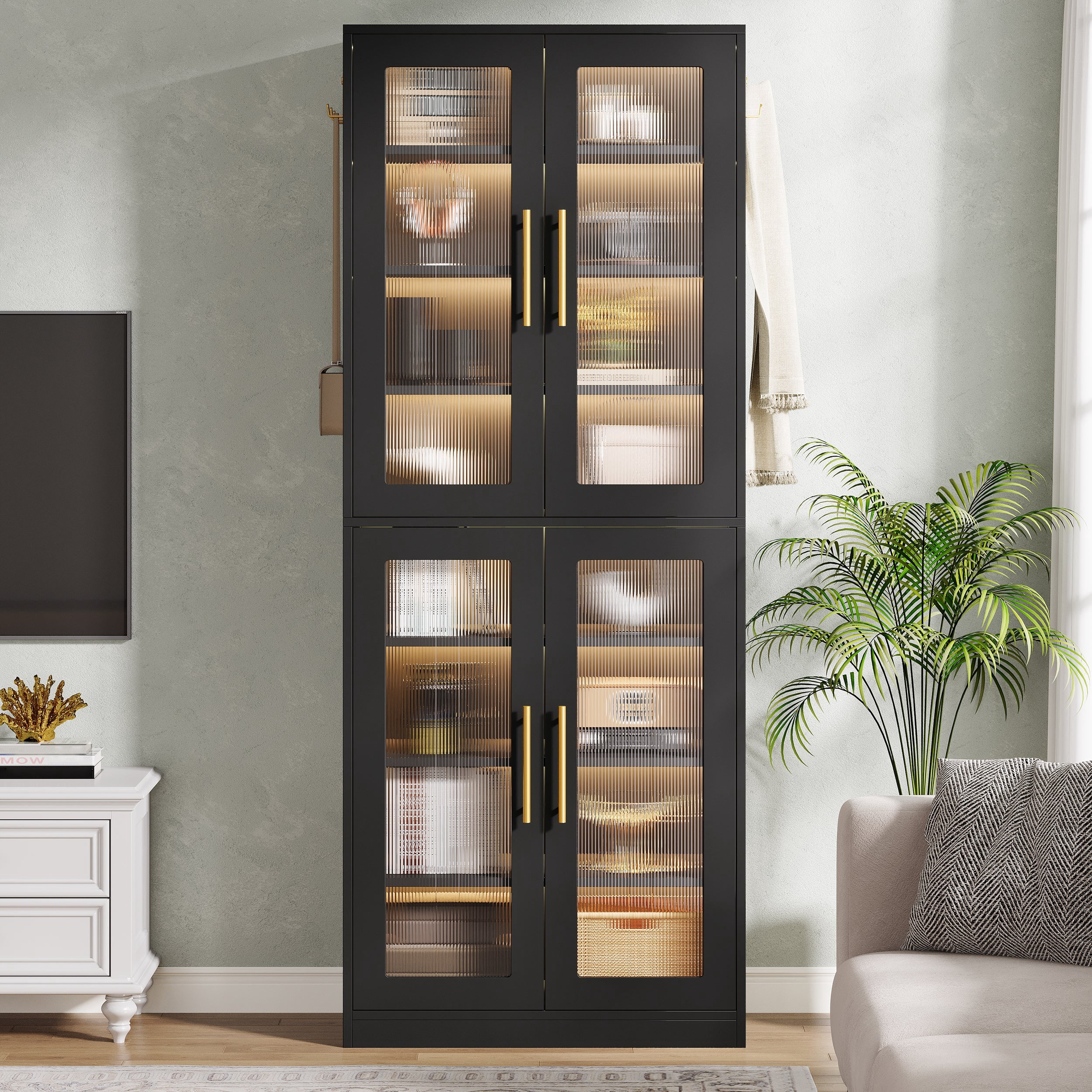 Fnova 66.93" Bookcase with Doors, 8 Tier Storage Cabinet with LED Lights for Living Room, Bedroom, Study, Black