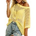 thumbnail image 2 of Womens Crochet Sweater Tops Batwing Short Sleeve Oversized Boat Neck Boho Knit Summer Beach Cover Ups, 2 of 5