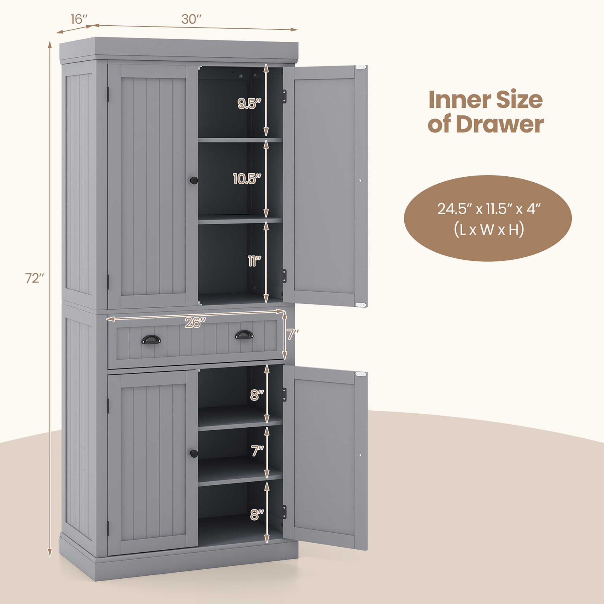 Gymax 72'' Kitchen Pantry Storage Cabinet Tall Freestanding Cupboard w/ 4 Doors Large Drawer Gray