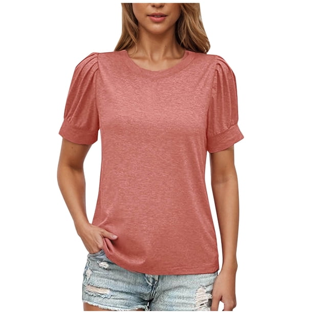 Camisas de Manga Corta para las Mujeres Casual Color Sólido Cuello Redondo Blusa, Poliéster Ligero Primavera Y Verano Superior