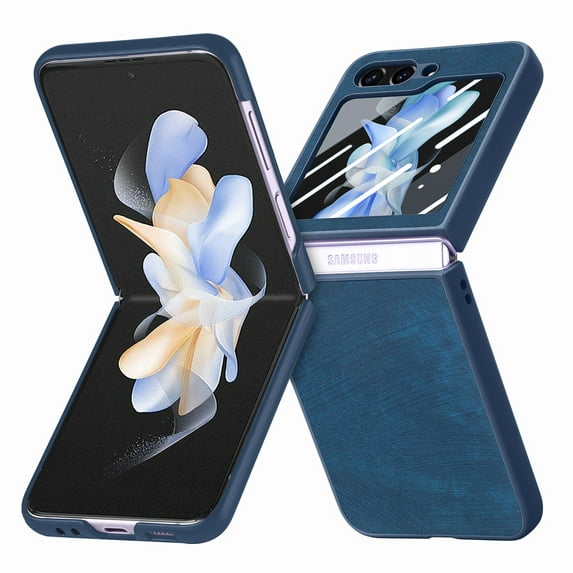 Nalacover for Samsung Galaxy Z Flip5 Slim Folding Case with Screen Protective Film, Skin-Feel Vintage Premium PU Leather Shockproof Anti-Scratches Cover for Samsung Galaxy Z Flip5,Blue