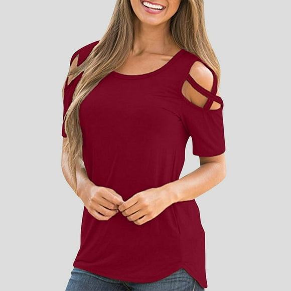 Women's Shoulder Cut Out Top, Short Sleeve Round Neck Hollowed Blouse, Stretchy Knit Casual Shirt for Daily Wear