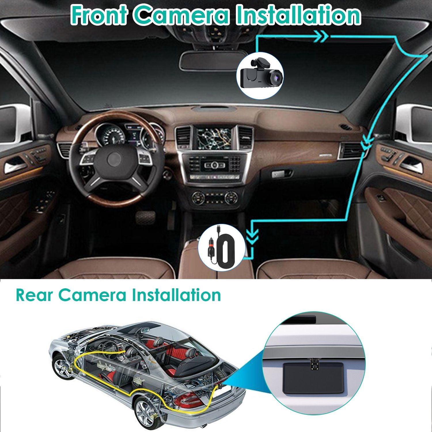 3 Channel Dash Cam Front Inside Rear Vehicle Driving Recorder Car DVR with 32G MMC Card G Sensor Motion Detection Parking Monitor Night Vision Loop Recording