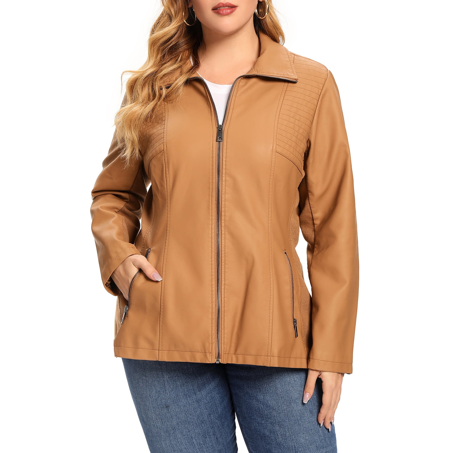 S P Y M Womens Plus Faux Leather Jacket, Casual Fashion Quilted Moto Rib Coat - Walmart.com