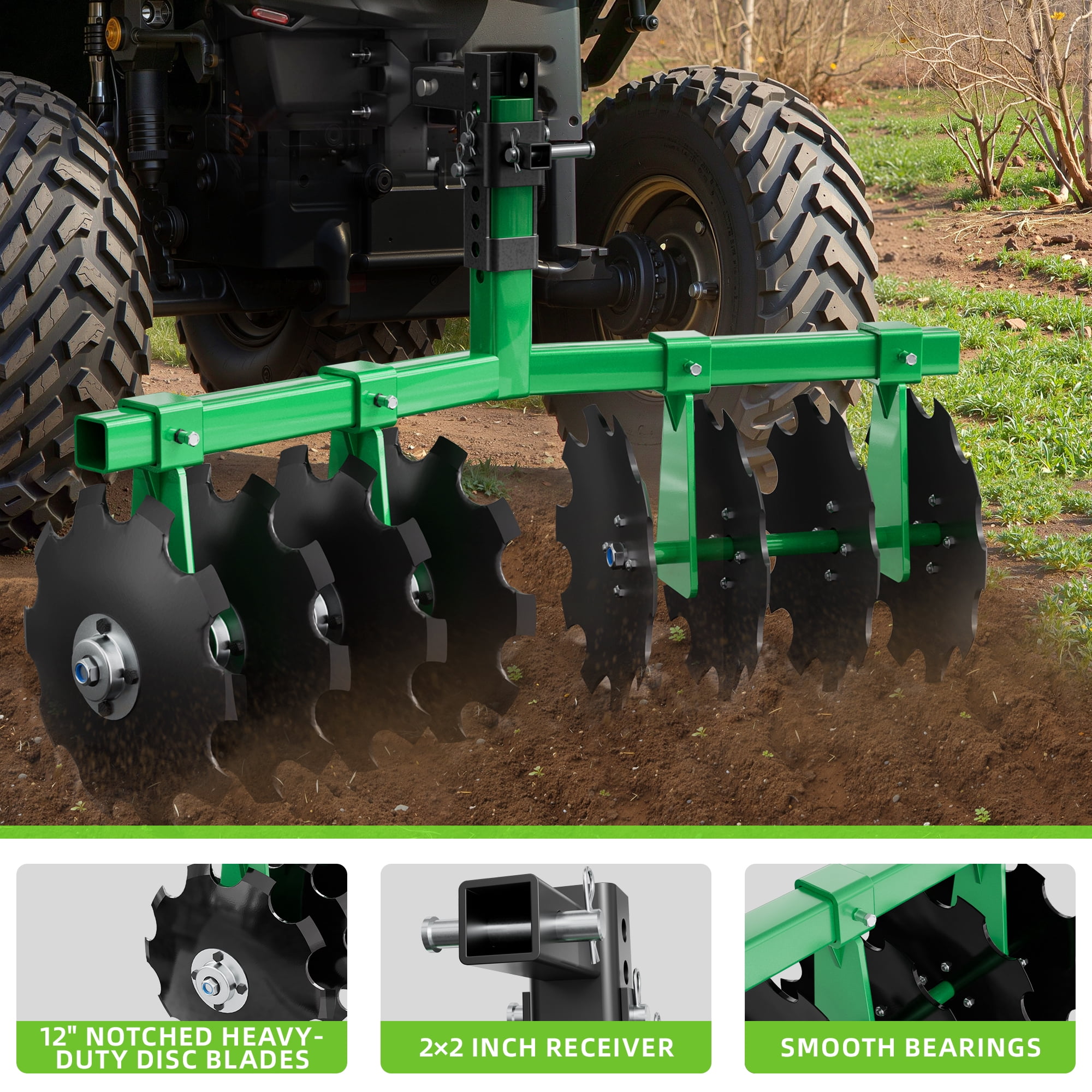 32" Tow-Behind Disc Harrow Plow for ATV/UTV/Garden Tractors, 2" Receiver Hitch, Adjustable Height Soil Tiller with 12" Steel Discs, Green