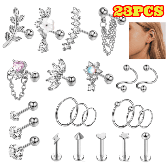 23pcs 16G Cartilage Earrings for Women Men, Stainless Steel Stud Earrings, Hypoallergenic CZ Tragus Helix Piercing Jewelry