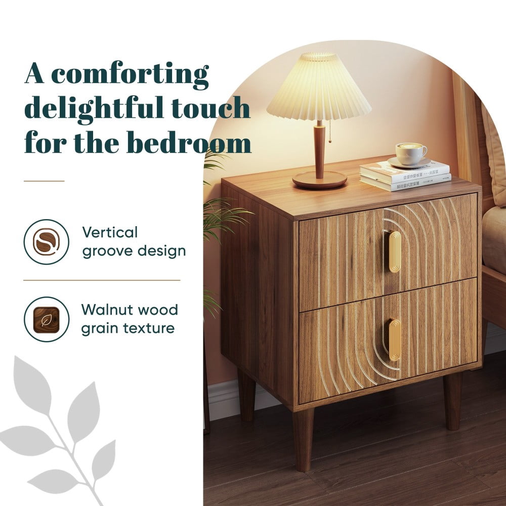 Brown Nightstand with 2 Drawers, Mid-Century Modern Bedside Table with Arched Vertical Grooves, Solid Wood Legs, Compact Storage Cabinet