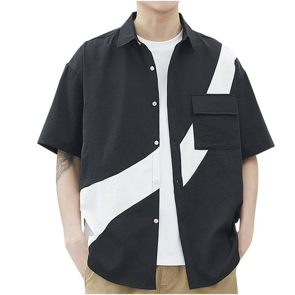 JURANMO Men's Casual Button Down Shirts Short Sleeve Summer Going Out Shirts 2024 Fashion Color Block Shirts with Pocket Deals of the Day Black M