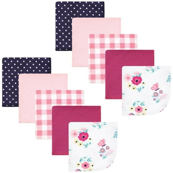 Hudson Baby Infant Girl Flannel Cotton Washcloths, Butterfly Floral 10 Pack, One Size