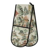 Yayeee Double Oven Mitt Kitchen Heat Resistant Baking 35" x7" Quilted Glove, Green Mountain Pattern