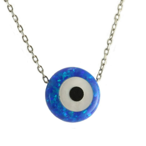 Women Mini Blue Created Opal Round Evil Eye Pendant with Silver Chain 18 inch