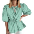 thumbnail image 2 of Women Y2K Puff Short Sleeve Peplum Shirts Tie Front Ruffle Hem Babydoll Blouse Tops Teen Girls Lace up Cute Summer Tops, Limited Time Offer, Under 10 Dollars, 2 of 6