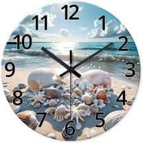 Analog Blue Beach Wall Clock for Living Room Coastal Shell Wall Clock Battery Powered 12 Inch Modern Round Wood Wall Clock No Tick
