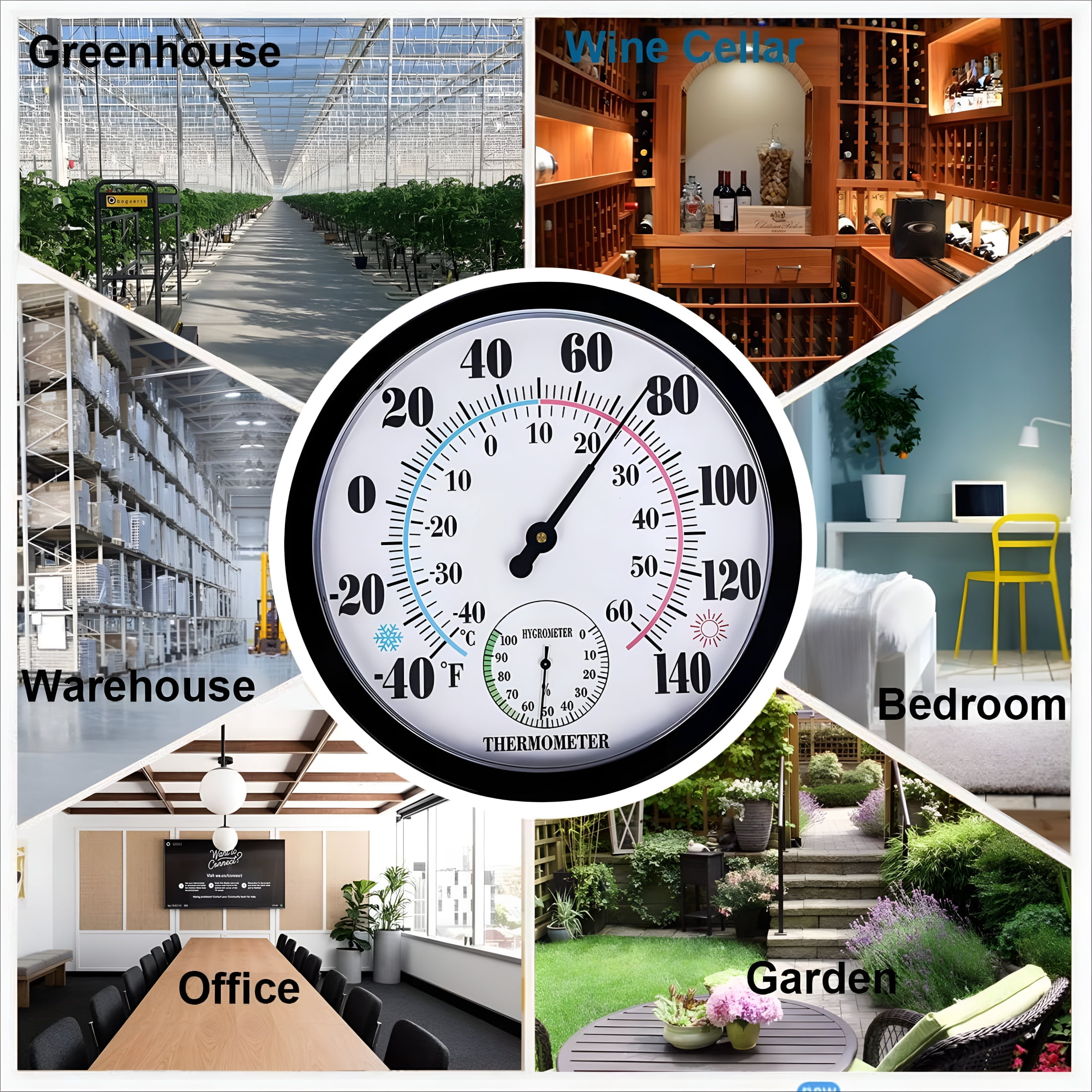GJX Large Indoor and Outdoor Thermometer Hygrometer - 10In Waterproof Wall Mounted Thermometer, No Batteries Required (Black)