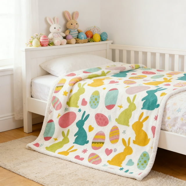 QTOCIO Flannel Blanket Classic Easter Egg Bunny Blanket