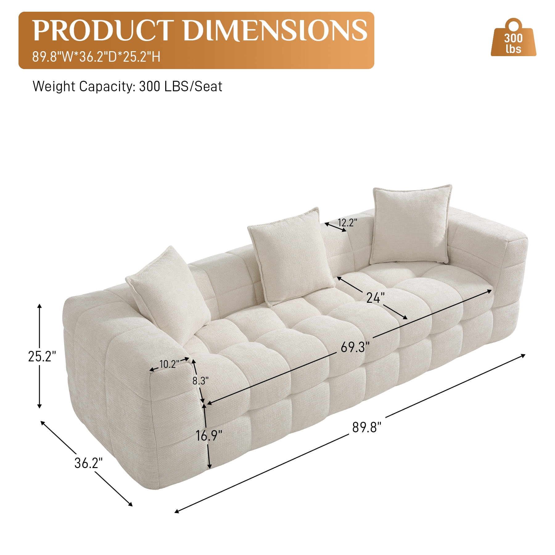 Wiilayok 89.8" Cloud Sofa Couch,Chenille 3 Seater Deep Seat Sofa Couch,No Assembly Required,Beige