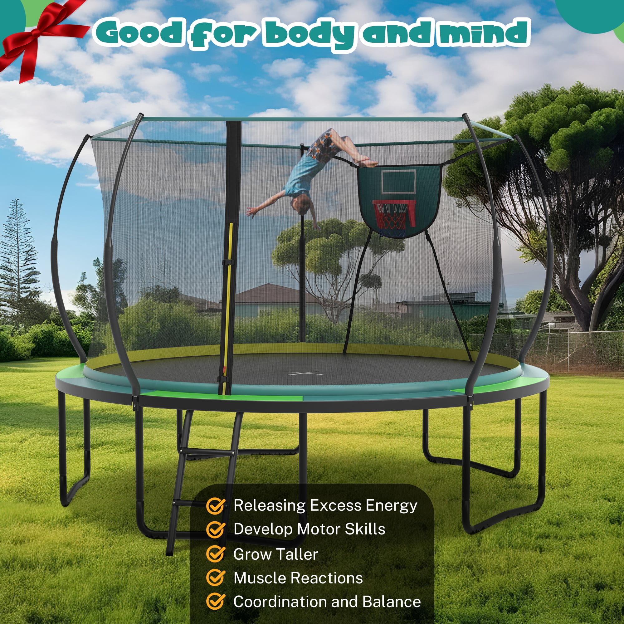 12FT Trampoline for Kids with No-gap Design, SHINPT Outdoor Trampoline with Basketball Hoop, 12FT Kids Trampoline with 1200LBS Capacity, Big Trampoline Outdoor for Backyard, Large Trampoline Outdoor