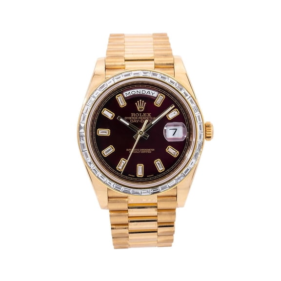 Pre-Owned Rolex Day-Date 40MM 228238 Cherry Red Baguette Diamond Dial Diamond Bezel 18K Yellow Gold President Bracelet 4.75ct