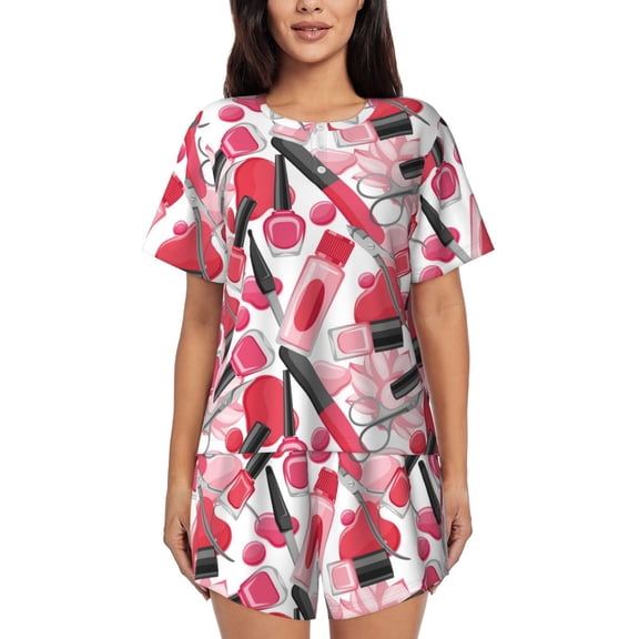 Logiee Makeup Print Womens Pajamas Set,Short-Sleeve Pajama 2 Piece Sleepwear with Pockets-Small